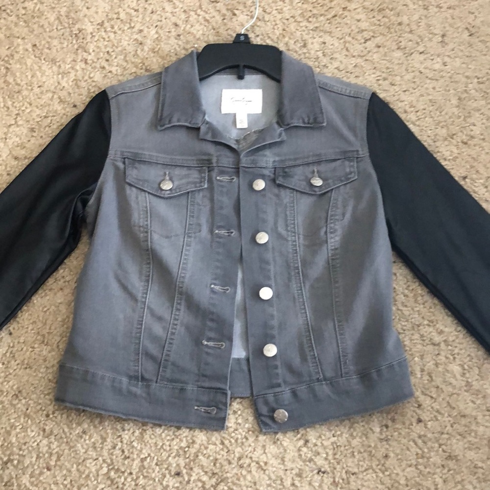 Grey Jean Jacket with Faux Leather sleeves